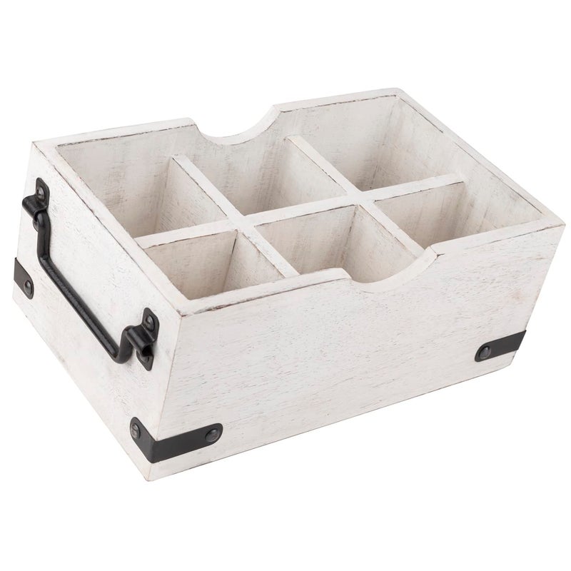 GoCraft 6 Compartment Flatware Caddy, Multipurpose Organiser for Kitchen Cutlery, Dining Silverware Condiments, Arts, Makeup Brushes, White Washed Mango Wood Caddy with Metal Handles - Image 5
